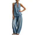 Women Sleeveless Denim Suit  Halter Denim Set For Women Sleeveless Tank Top And Wide Leg Pants Sets Summer Two Piece Outfits