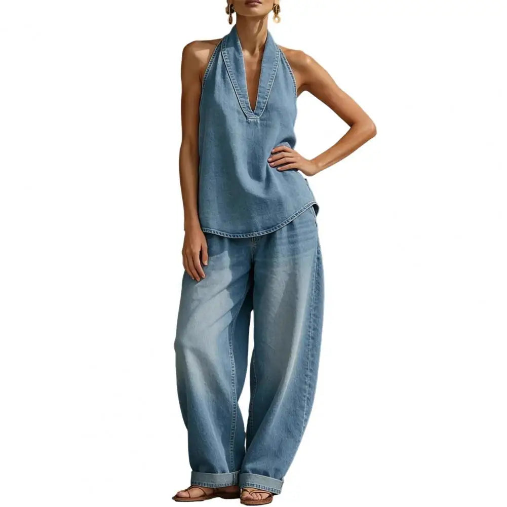 Women Sleeveless Denim Suit  Halter Denim Set For Women Sleeveless Tank Top And Wide Leg Pants Sets Summer Two Piece Outfits