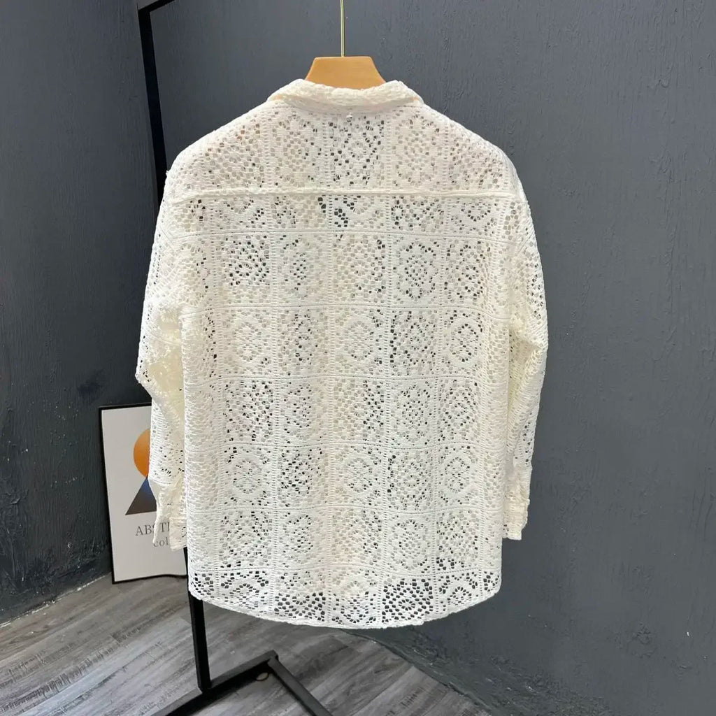 2025 Men New Summer Long-sleeved Jacket Hollow Trendy Top Thin Cool Breathable Shirt