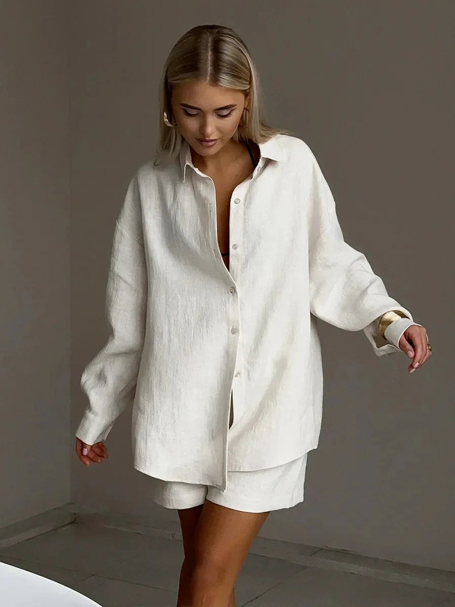 Women 2 Piece Shorts Set Casual Solid Loose Holiday Tracksuit Long Sleeve Cardigan And High Waist Female Shorts Sets 2025 Summer