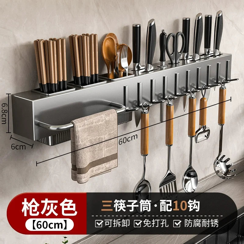 Heavy Duty Carbon Steel Wall Mounted Kitchen Organizer, No Drill Knife Rack for Knives Utensils Cutting Boards, Space Saving
