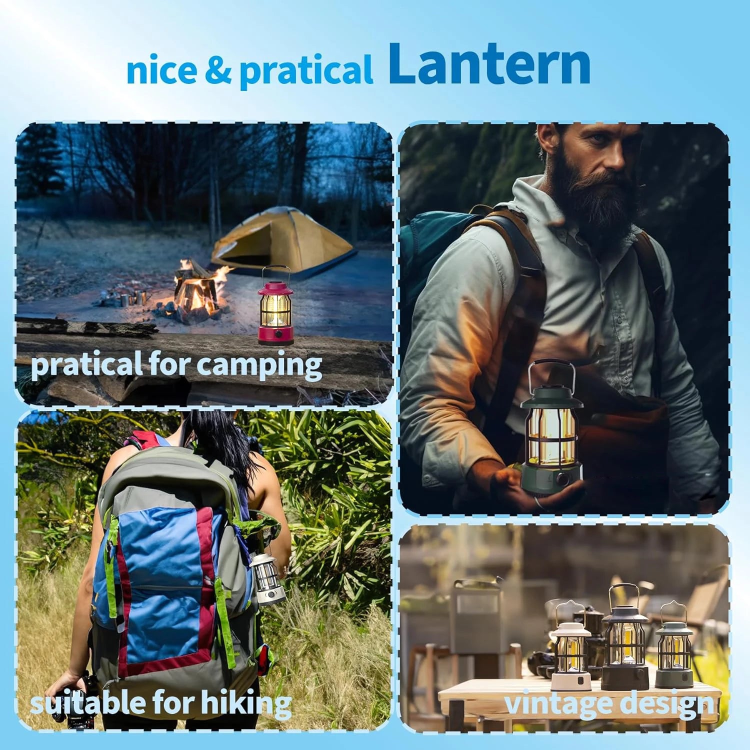 LED Camping Lantern, Vintage Metal Camp Light, Camping Lights, Portable, Outdoor Tent Bulb, Outages