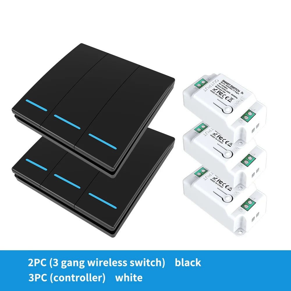 Long Distance Smart Tuya Wifi Wireless Switch Black And  White 1/2/3gang RF433 Remote Control Light Switch CR2032 Power Supply