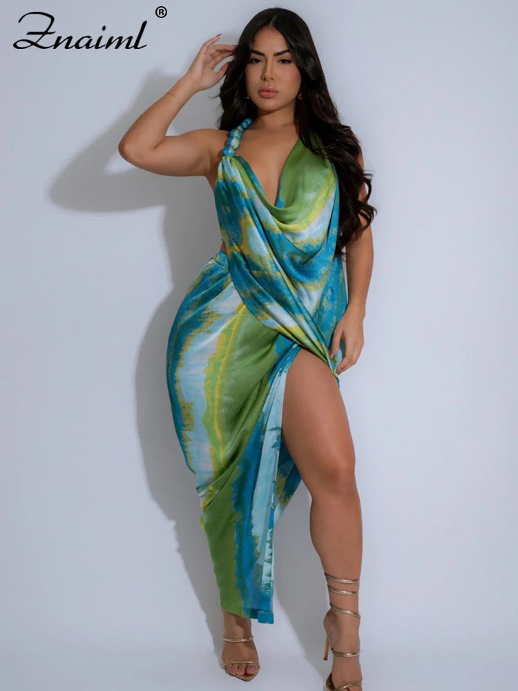 Znaiml Sexy Beach Vacation Deep V-neck Bead Halter Sleeveless Backless Dress Women Fashion High Split Printed Night Club Robe