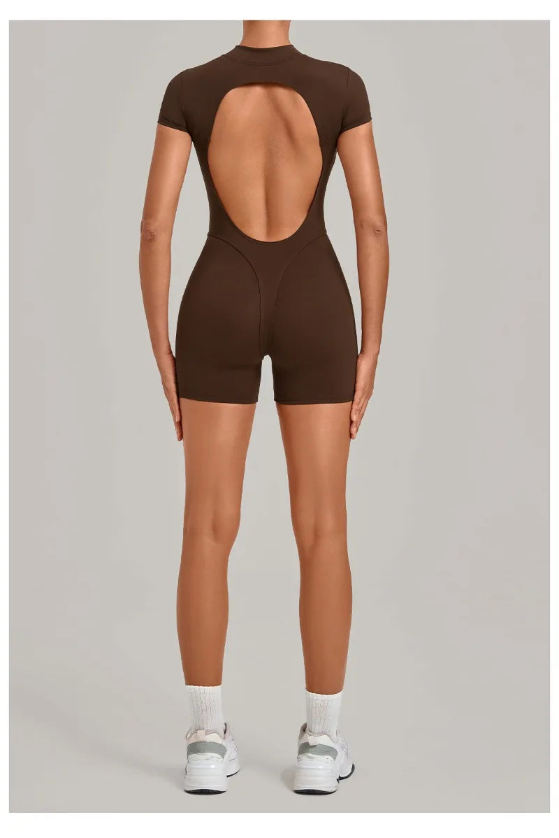 Women's Seamless Yoga Jumpsuits Sports Fitness Hip-lifting Short-sleeved Backless Training Workout Gym Shorts One-piece