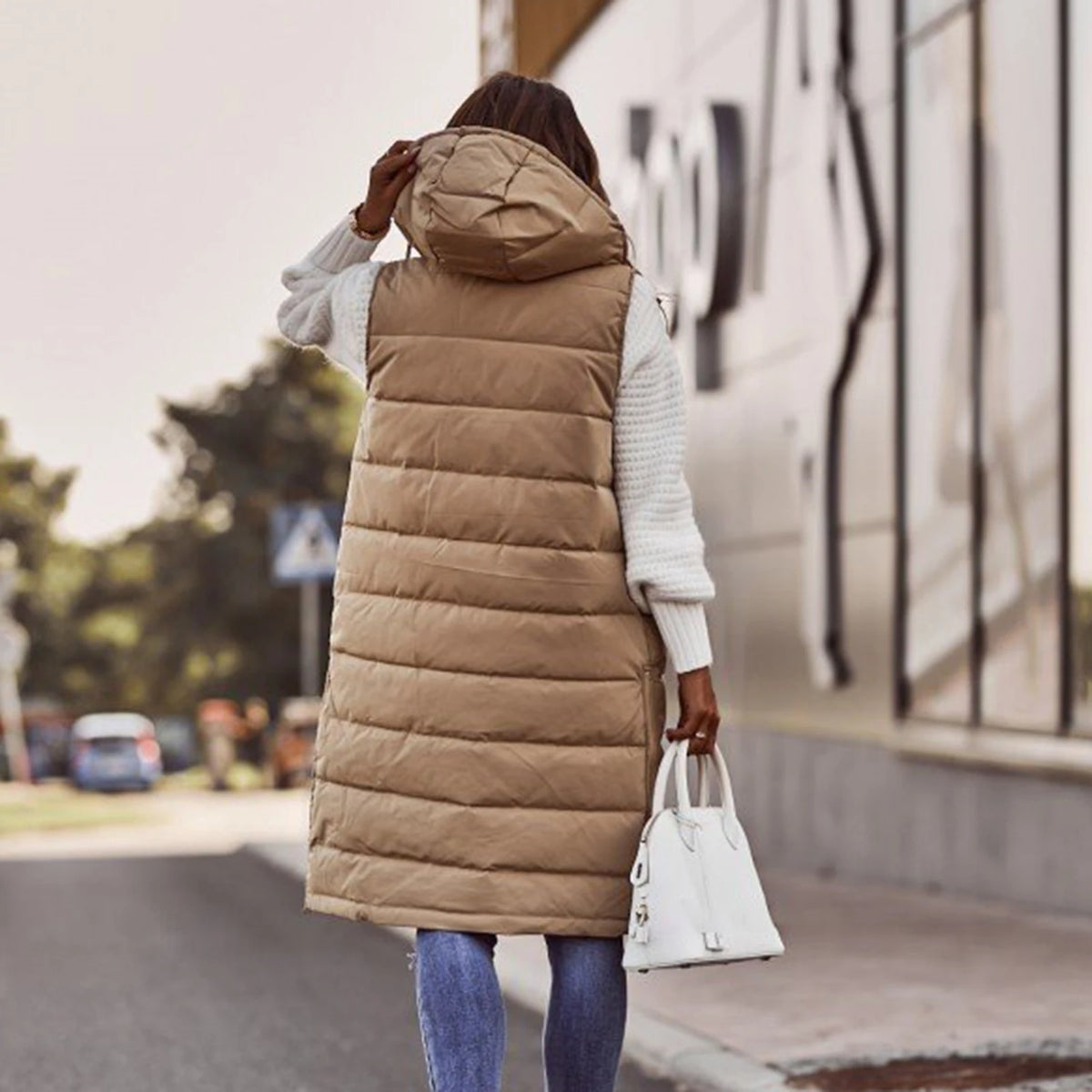 Women's Long Coat Vest With Hood Autumn Winter Sleeveless Warm Cotton Down Coat Waistcoat Quilted Vest Down Jacket Outwear 2XL