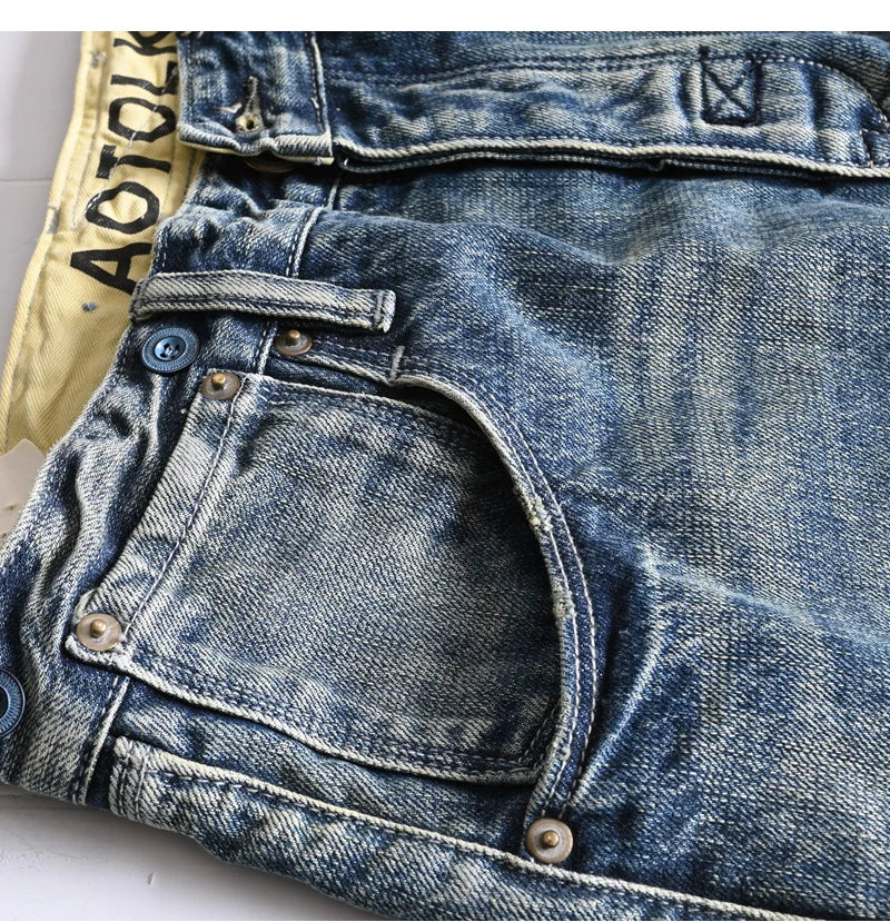 Heavyweight 100% Cotton Relaxed Straight Denim Jeans Vintage Washed & Distressed American Casual Pants for Men Amekaji Retro