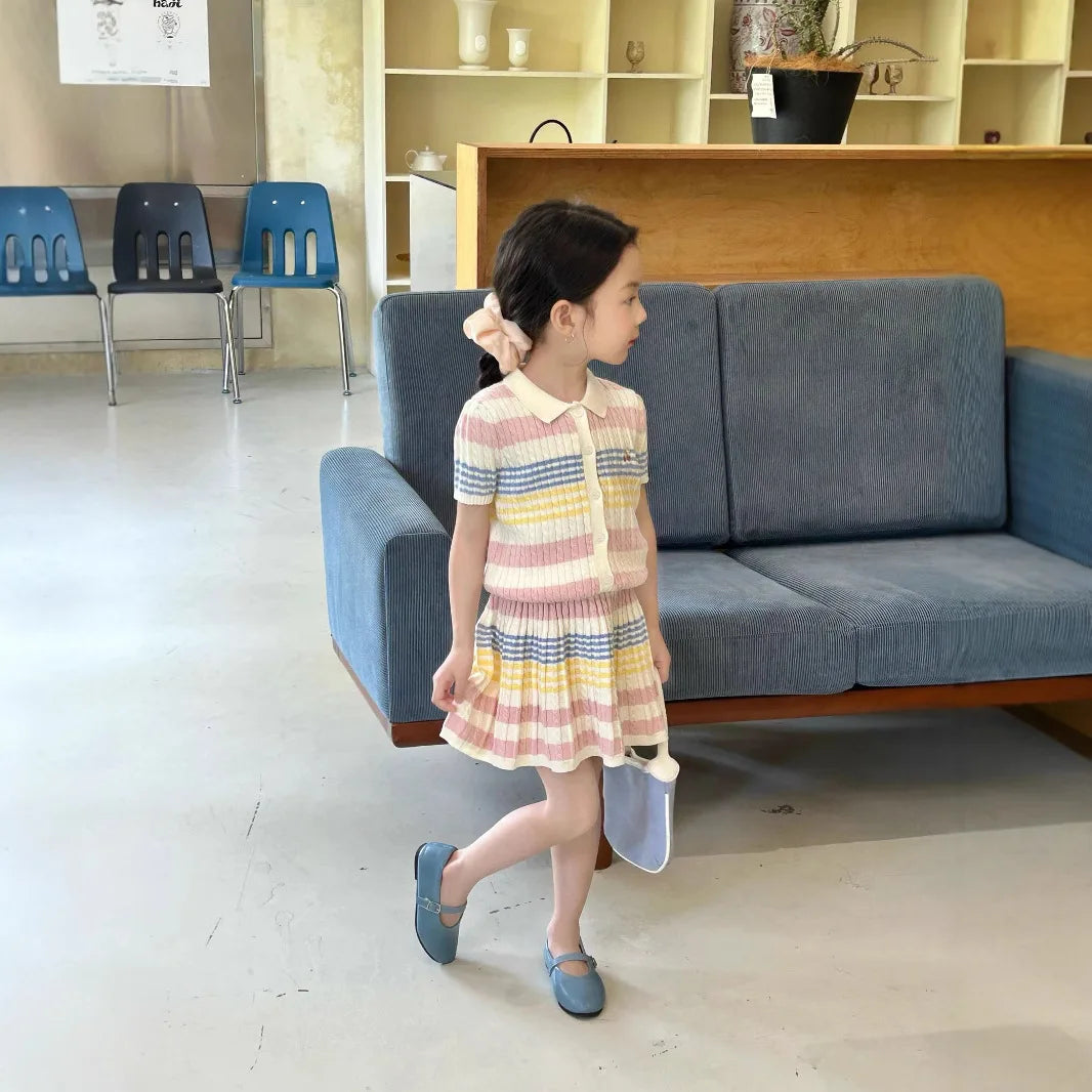 Girls Suit 2025 Summer New Childrens Clothing Korean Style Girl Baby Stripe Tie-in Color Cardigan Skirt Two Sets of Casual Daily