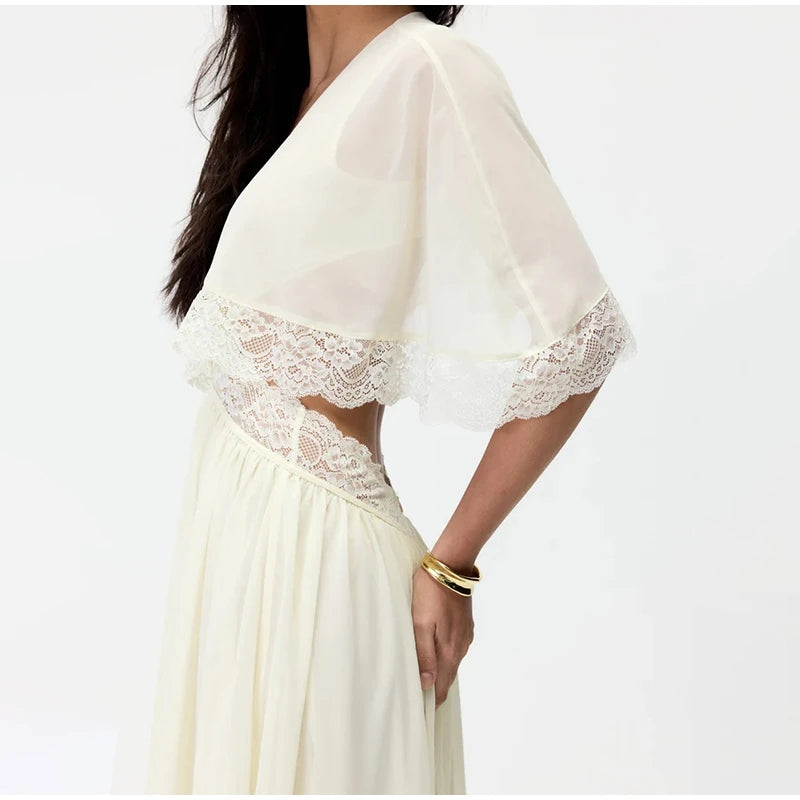 Lightweight Chiffon V-Neck Lace Insert Waist Maxi Dress Cutout Puff Sleeve 2026 Summer Women Party Dress Trendy Chic Lady Outfit