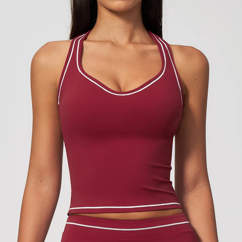 Hamidou Woman Color Blocking Yoga Tank Top Summer Gym Running Beautiful Back I-shaped Vest Gather Shockproof Workout Fitness Top