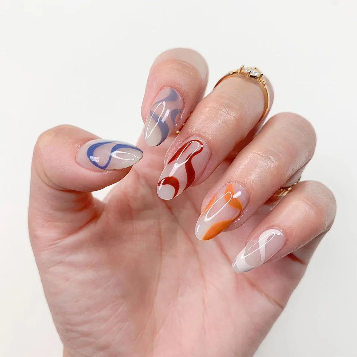 24Pcs/Set Blue Sky White Cloud Fake Nails Glue DIY Manicure Pattern Design False Nail French Stiletto Full Cover Nail Art Tools