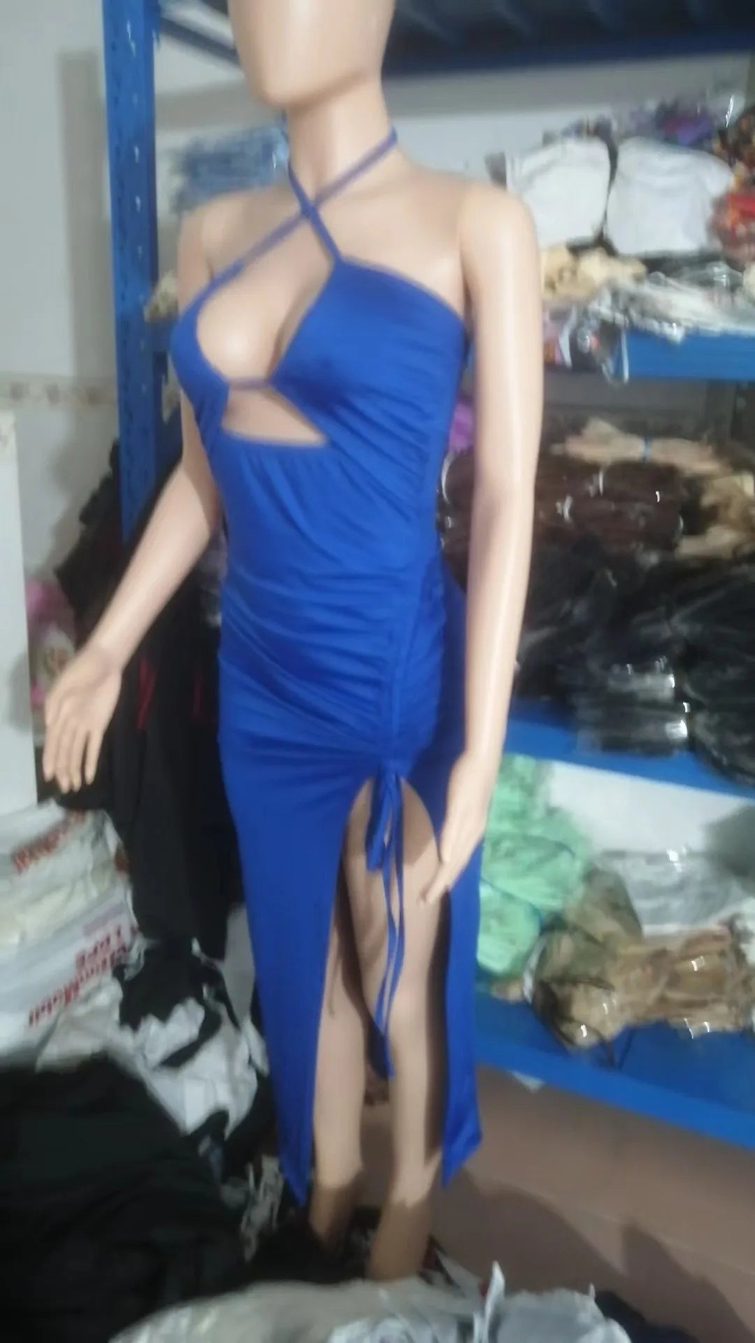 Women's Elegant Party Summer Sleeveless Halter Neck High Waist Pencil Dress Long Backless Cross Strap with High Slit Bodycon