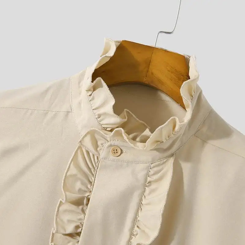 INCERUN 2024 Men Shirt Stand Collar Solid Color Ruffle Long Sleeve Casual Men Clothing Streetwear Elegant Fashion Camisas S-5XL