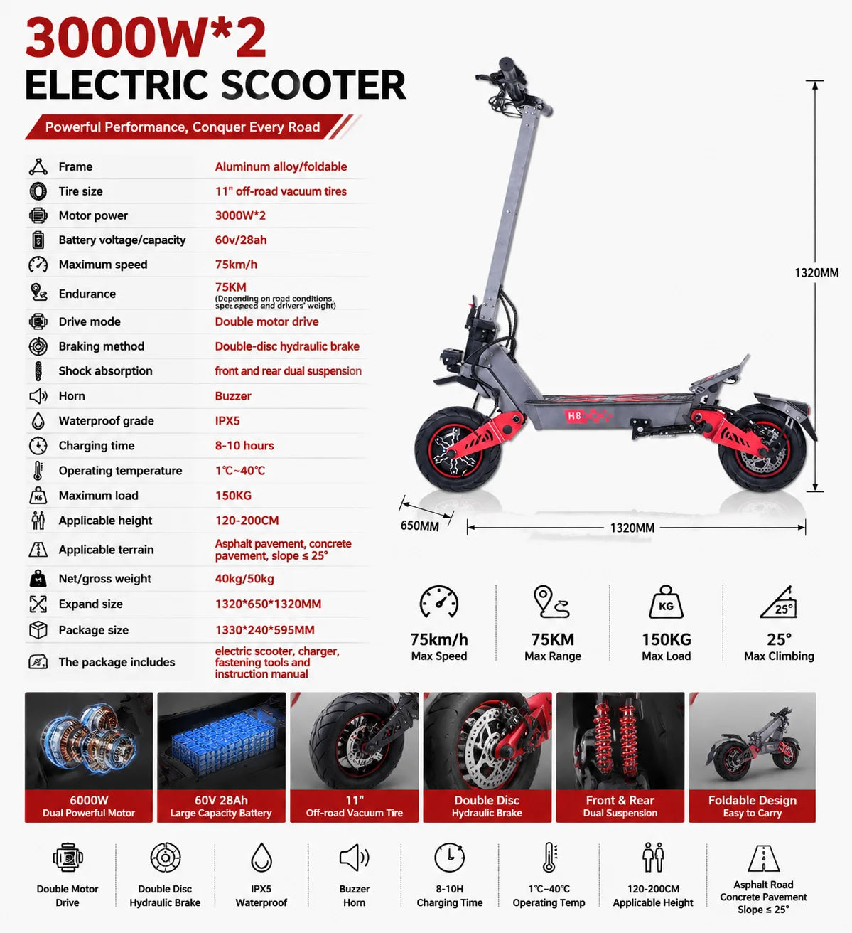 1200W-6000W SingleDual Motor Electric Scooter Adults 72V 60V 52V 48V Off Road Winter Snow Anti-Slip Foldable E-Scooter