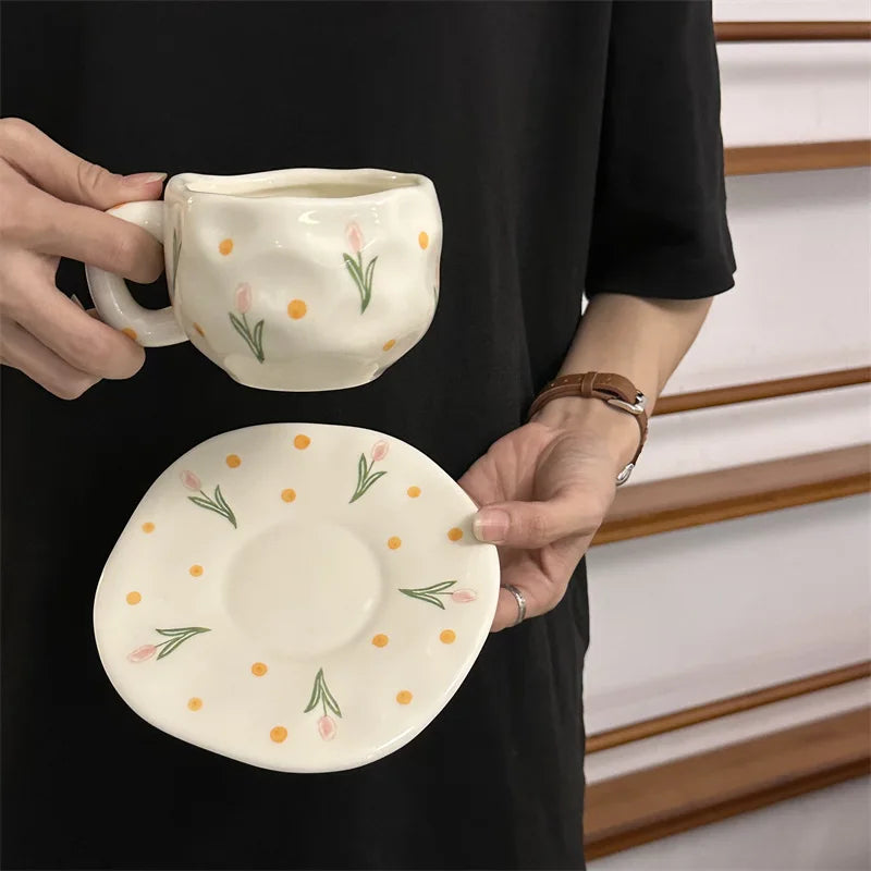 ins style retro flower ceramic cups and saucers, hand-squeezed irregular coffee cups and saucers, afternoon tea cups and saucers