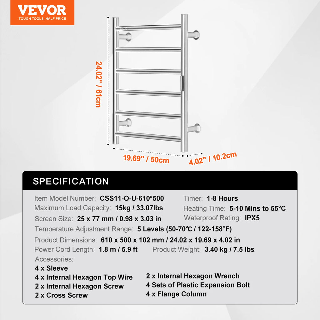 SucceBuy 4/6/8/10 Bars Towel Warmer Rack Wall Mounted Heated Towel for Bathroom IPX5 Waterpoof 5 Levels Temperature Towel Heater