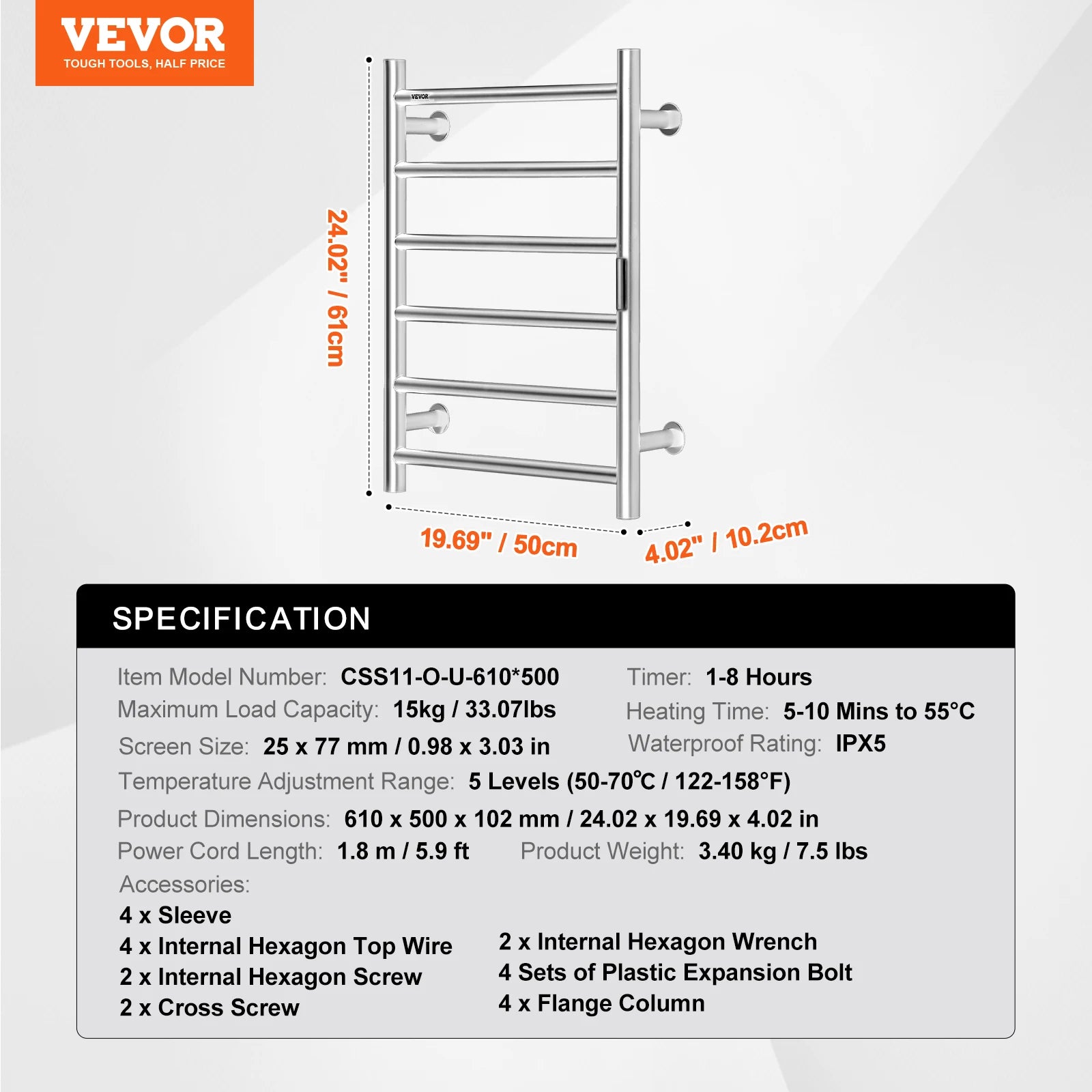 SucceBuy 4/6/8/10 Bars Towel Warmer Rack Wall Mounted Heated Towel for Bathroom IPX5 Waterpoof 5 Levels Temperature Towel Heater