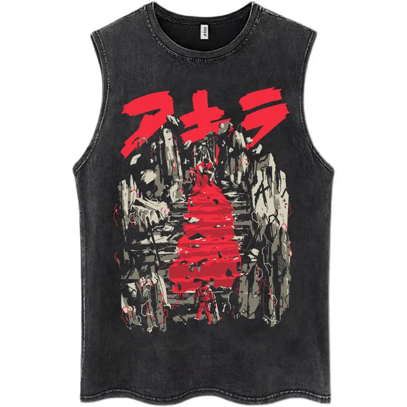 Washed Japan Anime Akira Retro Tank Tops 90s Science Fiction Movie Shotaro Kaneda Sleeveless T Shirts Cotton Casual Loose Vests
