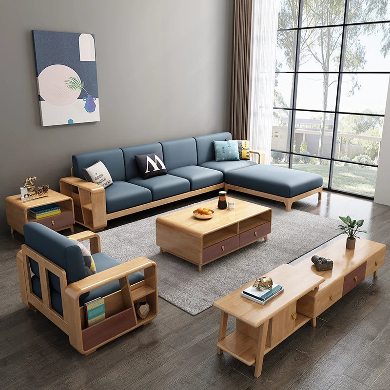 #Nordic Type Simple Modern Solid Wood Sofa Set Furniture Living Room Fabric Sectional Sofa
