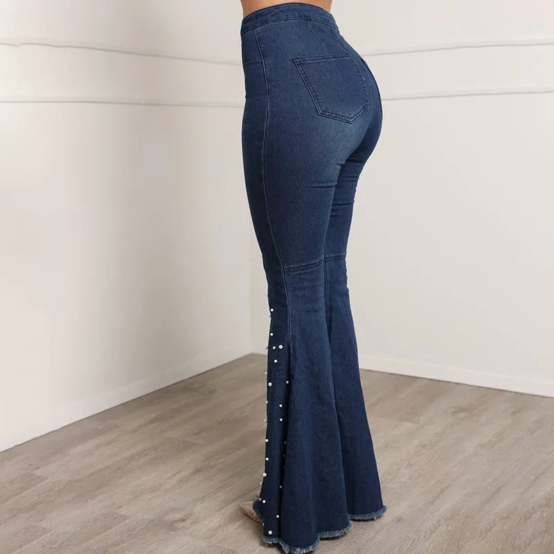 Denim Flare Pants Women Washed Jeans High Waist Slim Fit Pockets Embroidered Flares Vintage Trousers Full Length Casual Denims