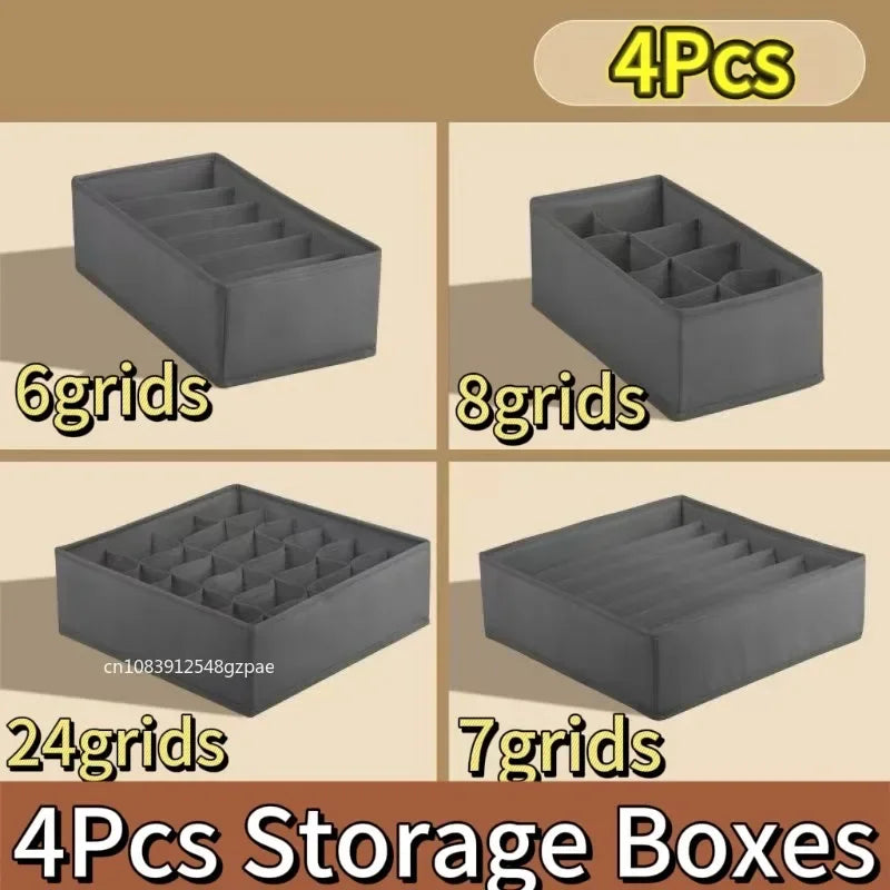 4pcs/1set Underwear Storage Box Foldable Non-woven Storage Box Six-piece Set Underwear Bra Socks Drawer Storage Finishing Box