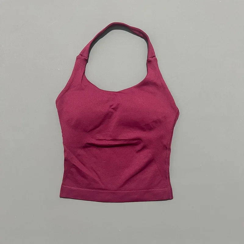 HISTELLO Sports Halter Top Seamless Longline Strappy Gym Tank Top Women Yoga Clothing Workout Fitness Sportswear Pilates Vest