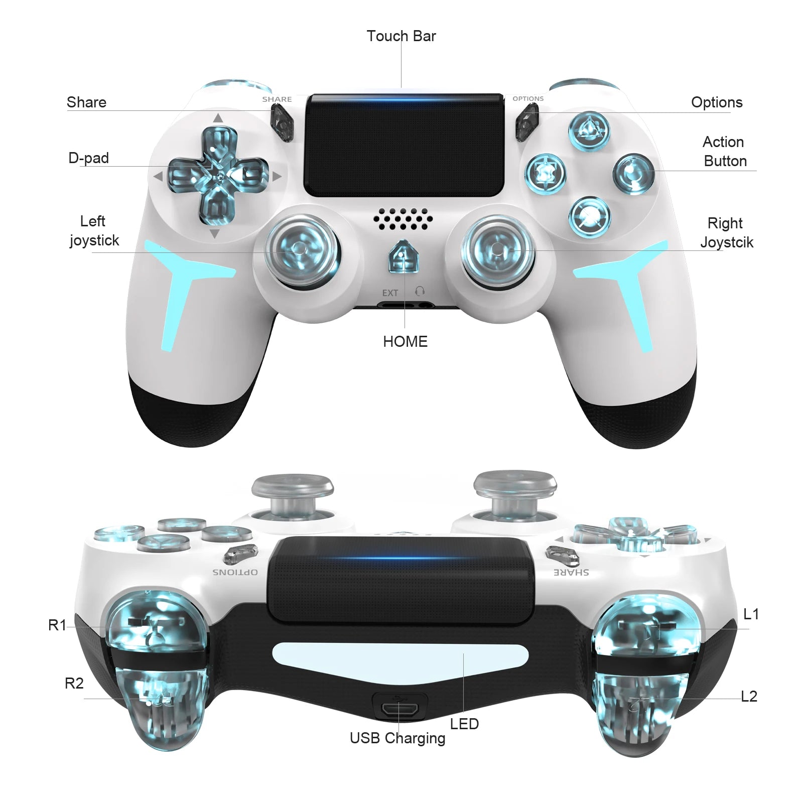 GAMINJA Wireless Game Controller For PS4 PS3 Console Computer PC RGB Light LED Bluetooth Gamepad 6-axis Gyroscope Dual Vibration