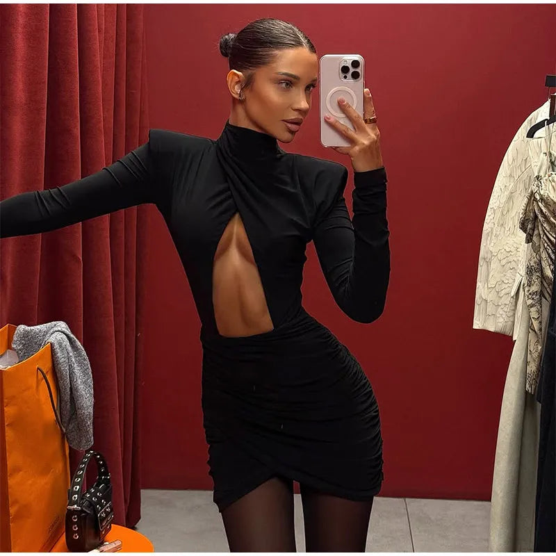 Elegant Hollow Out Mini Dress Women Sexy Long Sleeve Bodycon Waist Cinching Vestidos 2025 Chic Autumn Office Lady Commute Robes