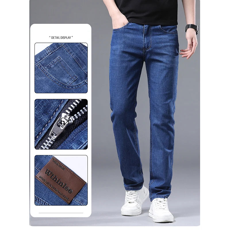 New Men Spring Autumn Straight Leg Business Jeans Trend Male Baggy Stretch Daily Casual Comfortable Black Gray Denim Trousers