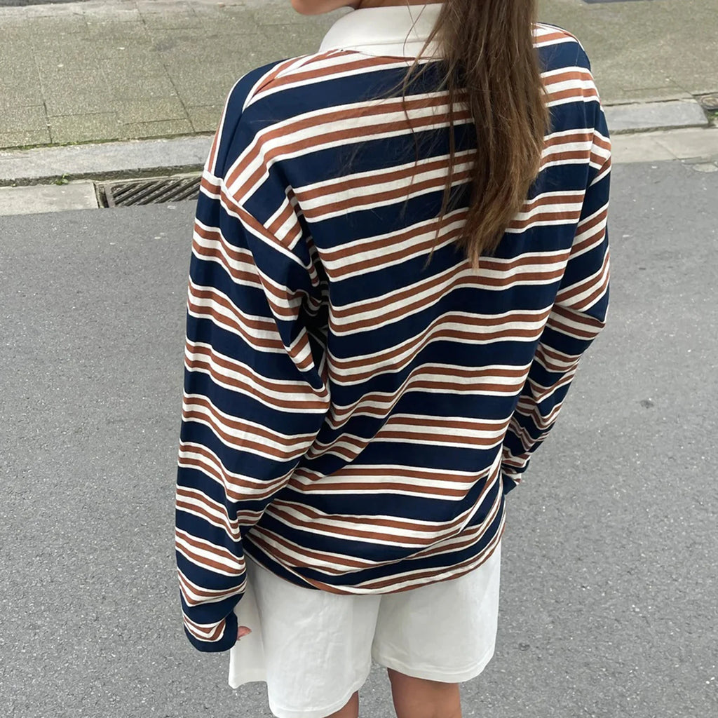 New Fashion Women T-Shirt Long Sleeve Turn Down Collar Stripes Fall Tops Streetwear For Casual Daily Hot Sale S M L