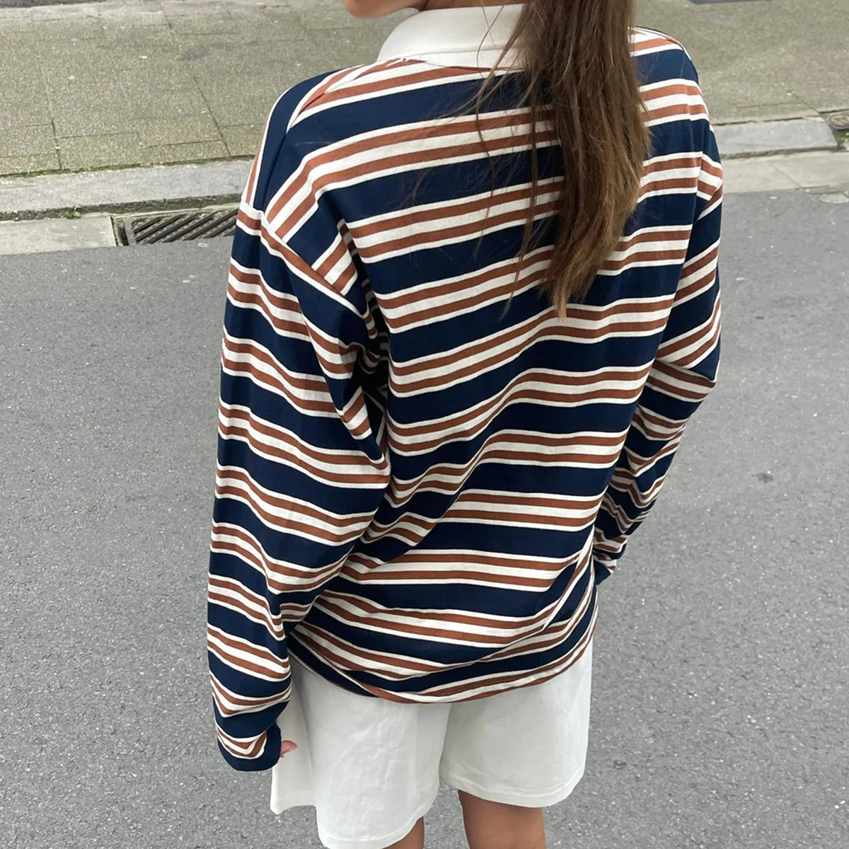 New Fashion Women T-Shirt Long Sleeve Turn Down Collar Stripes Fall Tops Streetwear For Casual Daily Hot Sale S M L