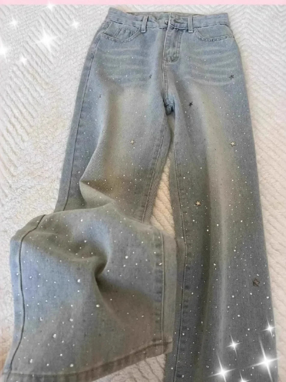Spring Autumn Women Light-colored Stars Rhinestone Shiny Slim Wide-leg Baggy Jeans Fashion Joker Straight Pants Female Clothing