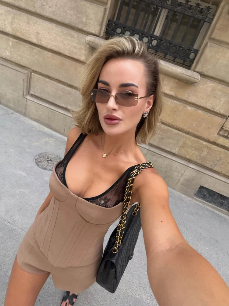 Women's Solid Boned Waist-Cinching Spaghetti Strap Mini Dress Lace Spliced V-Neck Lace Hem Dress 2026 Summer Lounge Date Gown