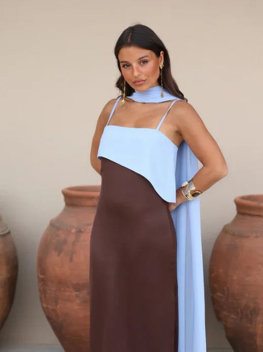 Color Blocking Scarf Collar Suspender Women Maxi Dress Spaghetti Strap High Split Floor Length Evening Dresses Lady Party Robes