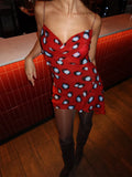 Red Polka Dot Print Draped Neckline Mini Dresses Women's Waist Cinching Split Short Sling Dress 2026 New Chic Party holiday Robe