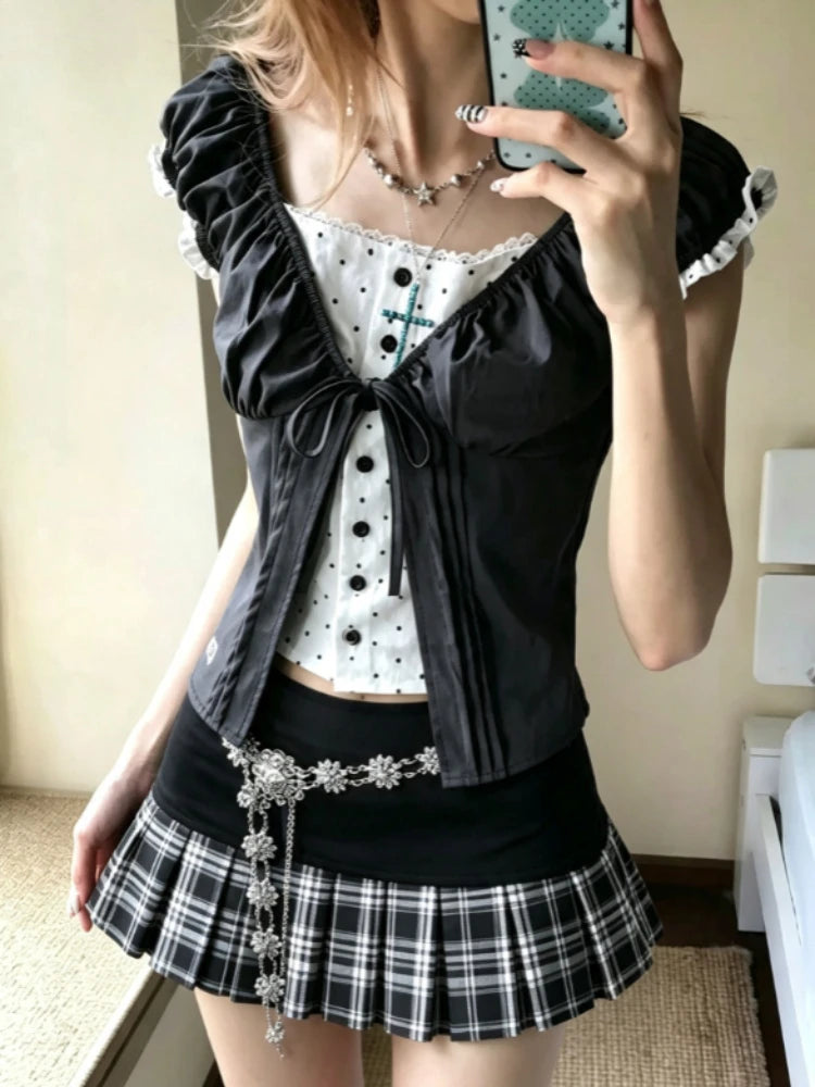 Women Retro Sweet Two‑Piece Outfit Plaid Short Sleeve Top High Waist Pleated Skirt Y2K Harajuku Style Hot Girl Summer Daily Suit