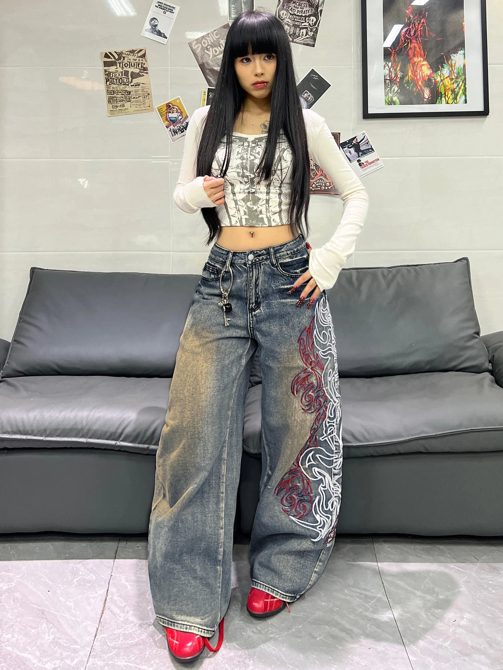 Women Spring Autumn Mid Waist Wide Leg Y2K Streetwear Jeans Side Totem Embroidery Washed Denim Daily Street Pants