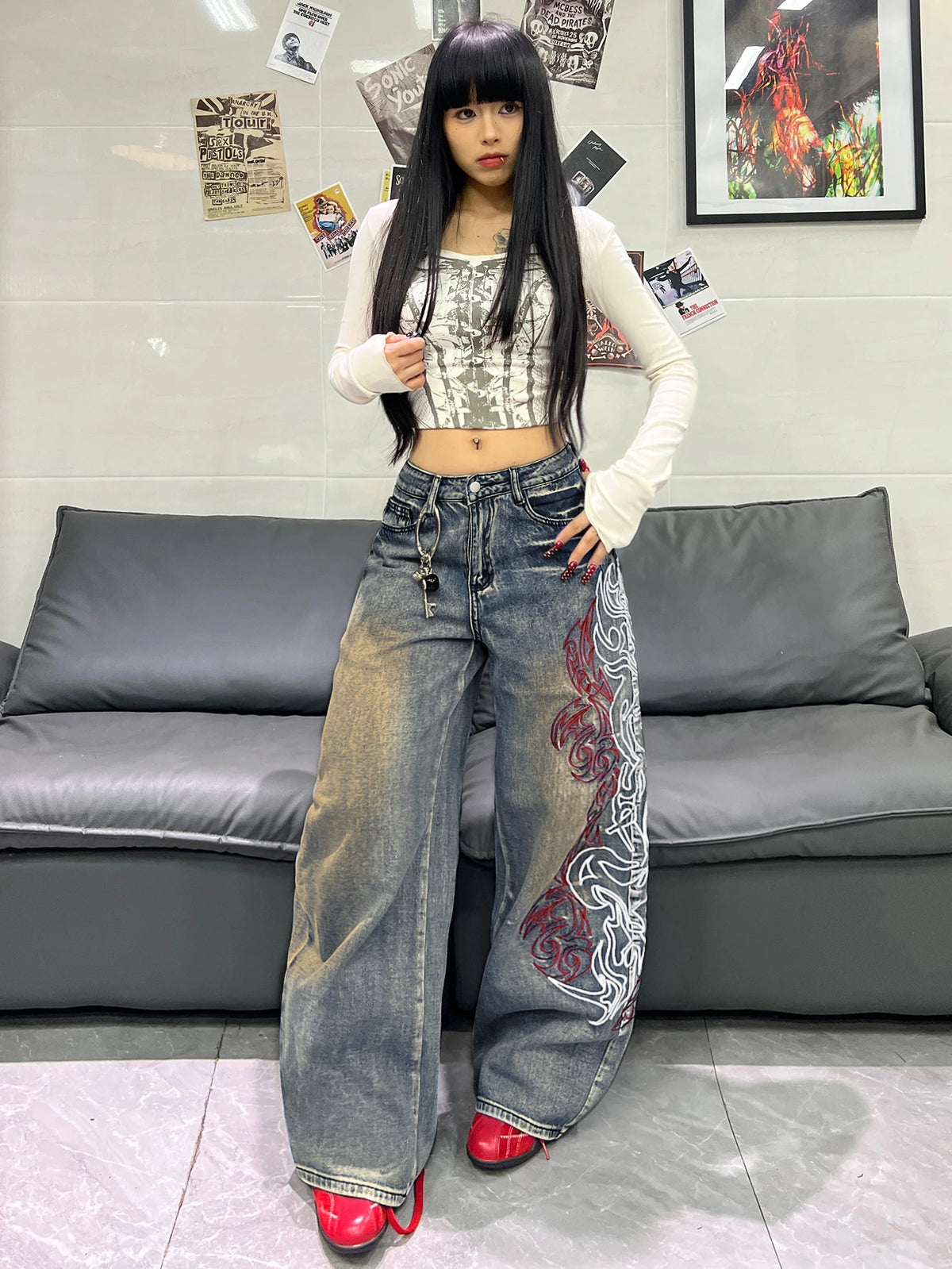 Women Spring Autumn Mid Waist Wide Leg Y2K Streetwear Jeans Side Totem Embroidery Washed Denim Daily Street Pants