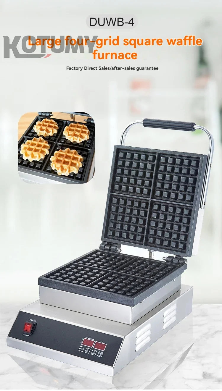 Industrial Stainless Steel Non-Stick Belgian Waffle Maker Four Grid Electric Baking Tray Heating Both Grain Processing Machinery