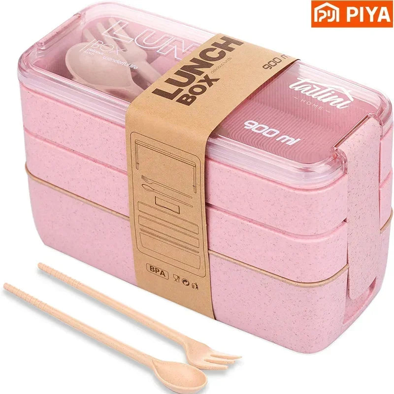 3-In-1 Compartment Wheat Straw Bento Box Reusable Tableware Lunch Containers Meal and Snack Food Containers Portable Lunch Box