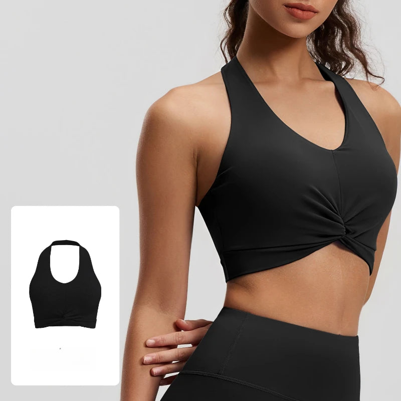 2026 NEW Women's High Elastic Breathable Yoga Vest Neck Back Sports Underwear Double-Sided Brocade with Detachable Chest Pad