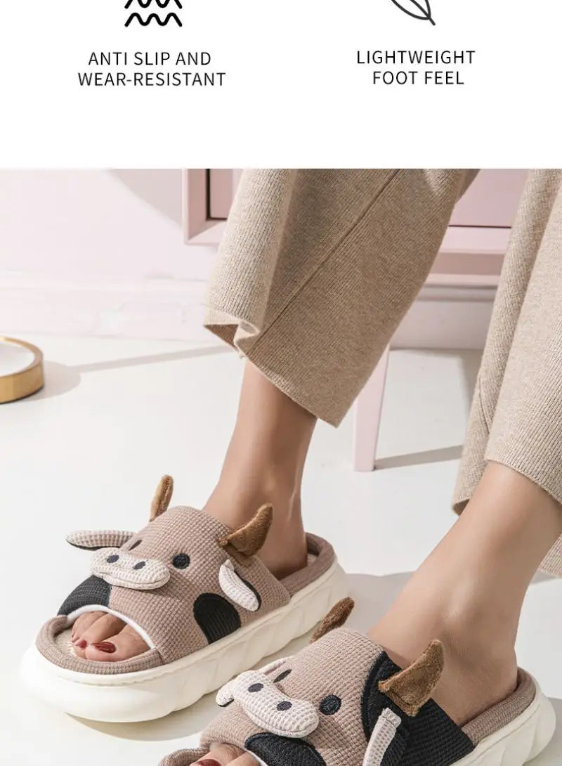 Cartoon Cute Cow House Slippers Women Platform Soft Sole Anti-slip Home Slides Woman Lightweight Warm Plush Indoor Cozy Slippers