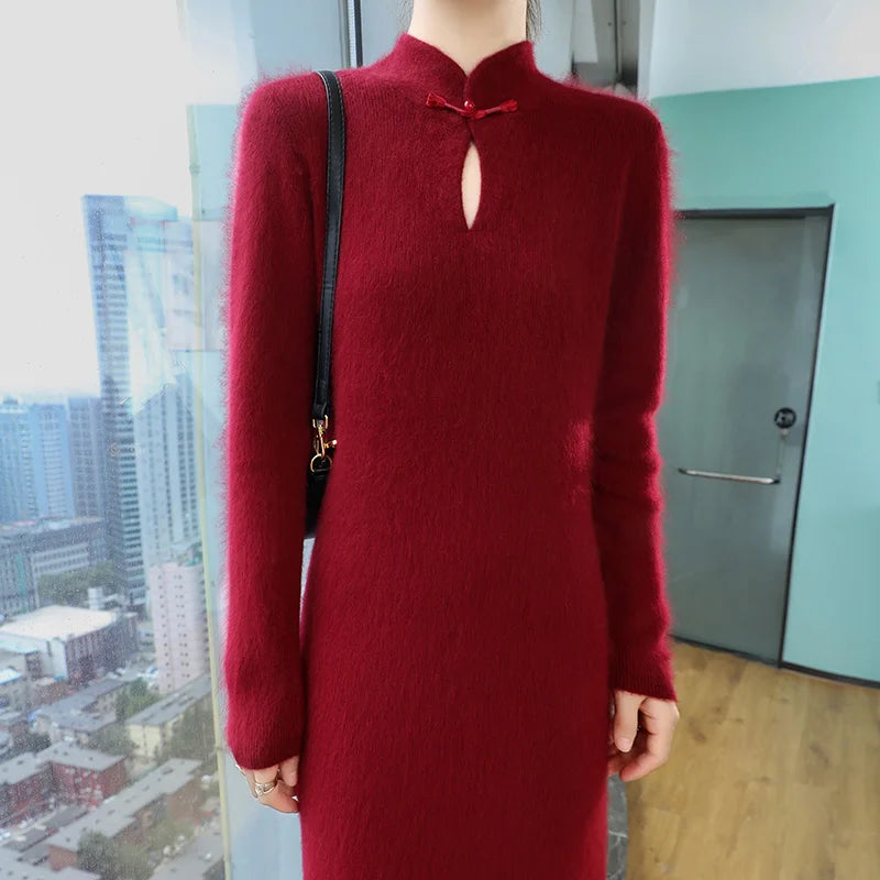 Women' 100%Pure Mink Cashmere Dress Stand-Up Collar Buckle Slim Knit Long Skirt Fashion High Waist Over The Knee Bottoming Dress