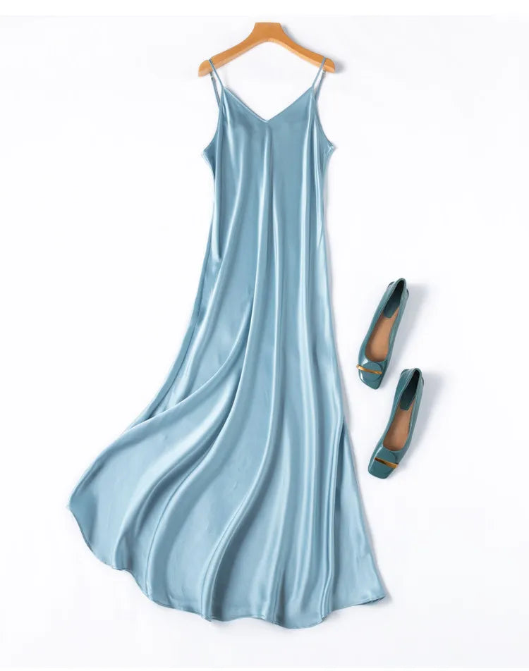 Tcyeek Woman Long Dress, 100%Real Silk, V Neck, Solid Spaghetti Strap Dresses, 2025 Elegant Chic Clothes
