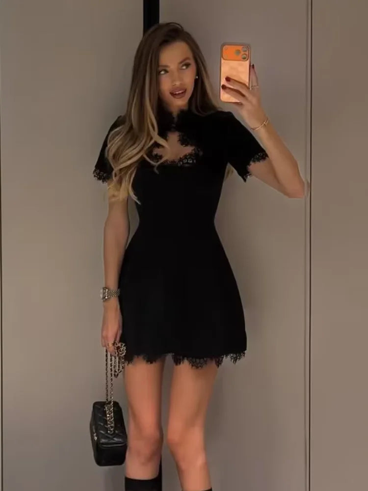 Black Lace Trim Hollow Out Mini Dress Women A-line Turtleneck Waist Cinched Short Sleeve Vestidos 2026 Lady Daily Party Gown
