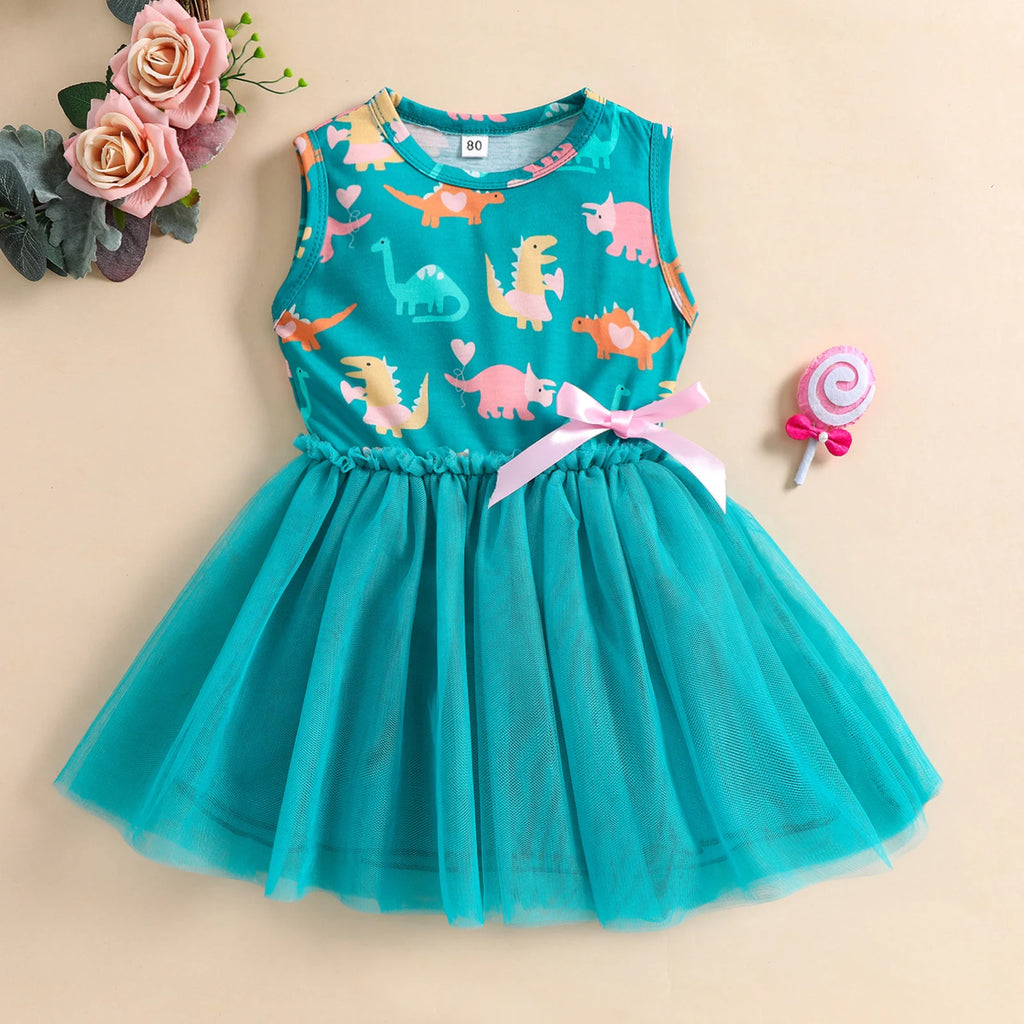 Summer 1-5 Years Little Girl Princess Dress Clothing Baby Girl Sleeveless Dinosaur Print Mesh Dress For Kids Girl Party