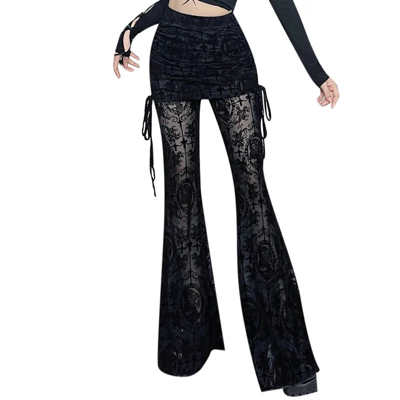 AltGoth Gothic Dark Flocking Pants Women Streetwear Aesthetic Emo Alt Grunge See Through Lace-up High Waist Flare Pants Female