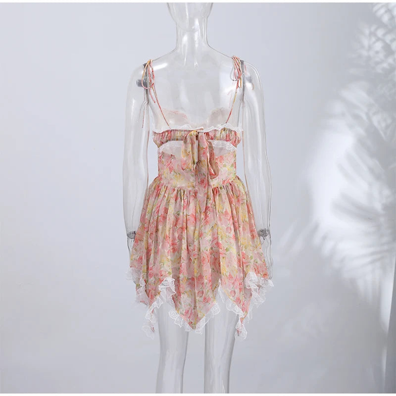Sexy Print Spaghetti Strap Dresses Women's Sweet Sleeveless Backless Lace-up Puffy Mini Dress 2026 Summer Waist-cinching Gowns