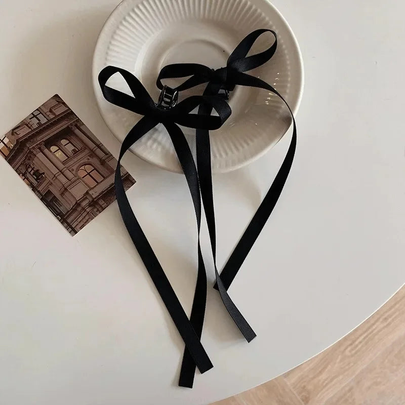 2Pcs Y2K Long Bow Hair Clip Women Girls Ribbon Bow Shark Clip Cute Korean Long Tassel Ribbon Hairpin Girls Hair Accessories