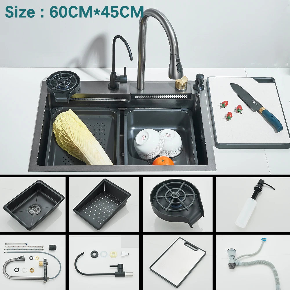 304 Stainless Steel Kitchen Waterfall Sink Digital Display Large Single Sink Dish Basin Sink With Multifunction Touch Waterfall
